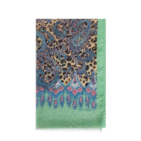 ETRO Accessories - Etro Women Green Cashmere Blend Animalier Paisley-Pattern Scarf
